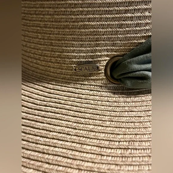 NWT SCALA handmade straw hat w straps tan and green - Picture 4 of 6